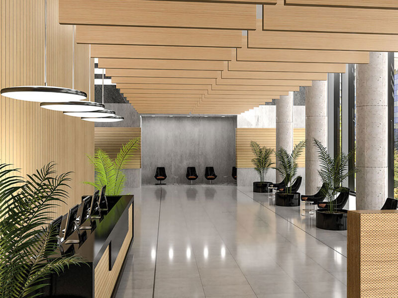 Ηχοαπορροφητικά πάνελ Acoustic-Baffles στην οροφή σύγχρονου επαγγελματικού χώρου