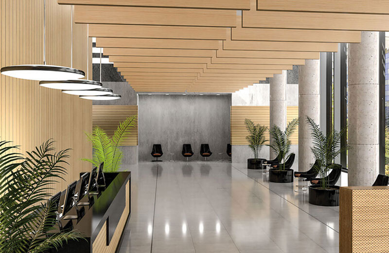 Ηχοαπορροφητικά Richter Acoustic-Baffles τοποθετημένα σε λόμπι ξενοδοχείου