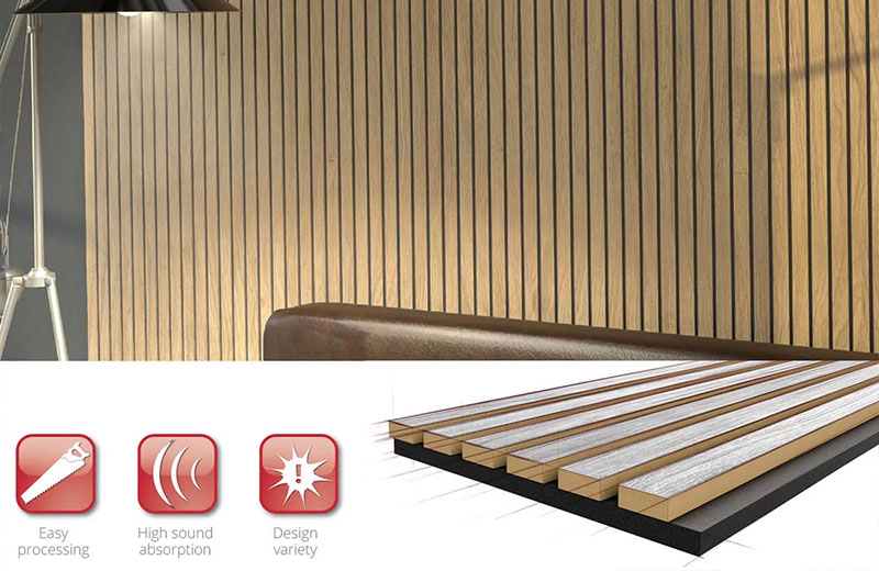 Ηχοαπορροφητικό πάνελ Acoustic-RibPanel σε φυσικό καπλαμά και μαύρο υπόστρωμα για βελτιωμένη ακουστική απόδοση